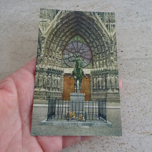 Antigua postal francesa usada con estatua de monumento de Juana de Arco, recuerdo de Juana de Arco de Reims. ( F 42 )