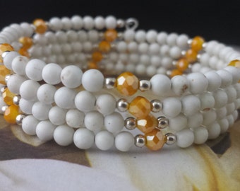 Chalk White Turquoise Stone Bead and Matte Yellow Glass Crystal Memory Wire Bracelet.