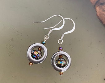 Silver donut hematite earrings with multicolor pave accents Birthday gift for her Gift for women Mother's Day gift Dangle and drop earrings
