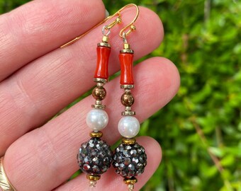 Red black pearl women statement earrings Birthday gift for wife daughter girlfriend Elegant coral earrings Dangle earrings Mother's Day gift