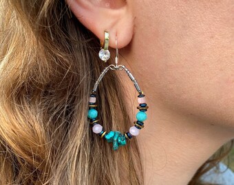 Statement bohemian earrings for women Turquoise and pink dangling earrings for her Birthday gift Mother's Day gift Bridesmaid's earrings