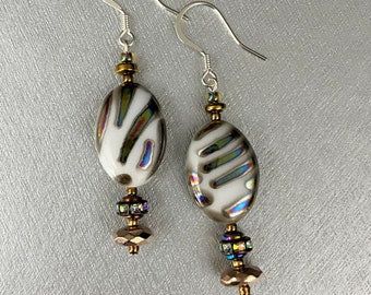 White peacock earrings with multicolor pave accent Gift for mother daughter wife Birthday Large bead dangle earrings Elegant Wedding jewelry