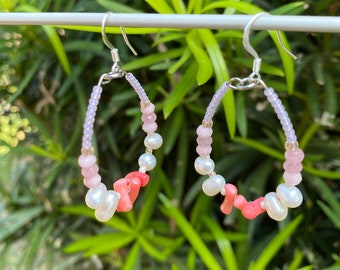 Coral and pearl hoop earrings for her Bohemian earrings for women Unique birthday gift for daughter Mother's Day gift Trendy teen earrings