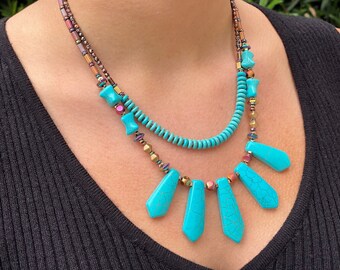 Elegant multistrand multicolor turquoise statement necklace Bohemian bib modern gemstone necklace Birthday gift for her Mother daughter gift