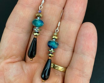 Blue gold black onyx earrings for women Birthday gift for wife mother daughter girlfriend Semi precious stone Dangle earrings Drop earrings