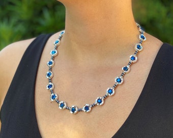 Stylish silver hematite with blue glass necklace for women Handmade jewelry for special occasion 30 40 50 Birthday Anniversary Gift for her