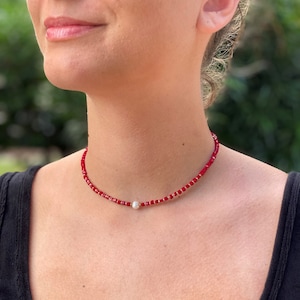 Minimalistic red necklace with pearl accent Birthday gift for girlfriend Jewelry for her Trendy everyday choker Dainty Layered necklace