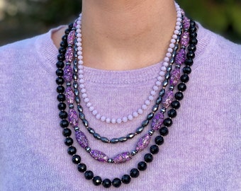 Multilayered purple black gemstone necklace 40th 50th Birthday gift for women Chunky beaded statement necklace Christmas Gift for mom wife