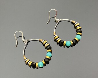 Stylish black and turquoise hoop earrings Statement earrings for women Chunky earrings for her Birthday gift for wife daughter Mother's Day