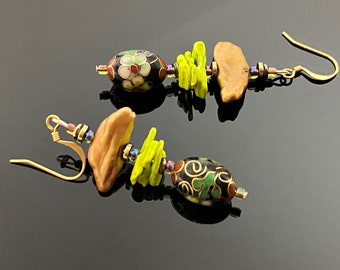 Pearl shell and cloisonne statement earrings Unique jewelry for mom Bohemian earrings for her Birthday Anniversary gift for wife Mothers Day