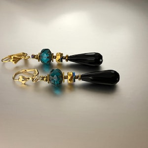 Blue gold black onyx earrings for women Birthday gift for wife mother daughter girlfriend Semi precious stone Dangle earrings Drop earrings