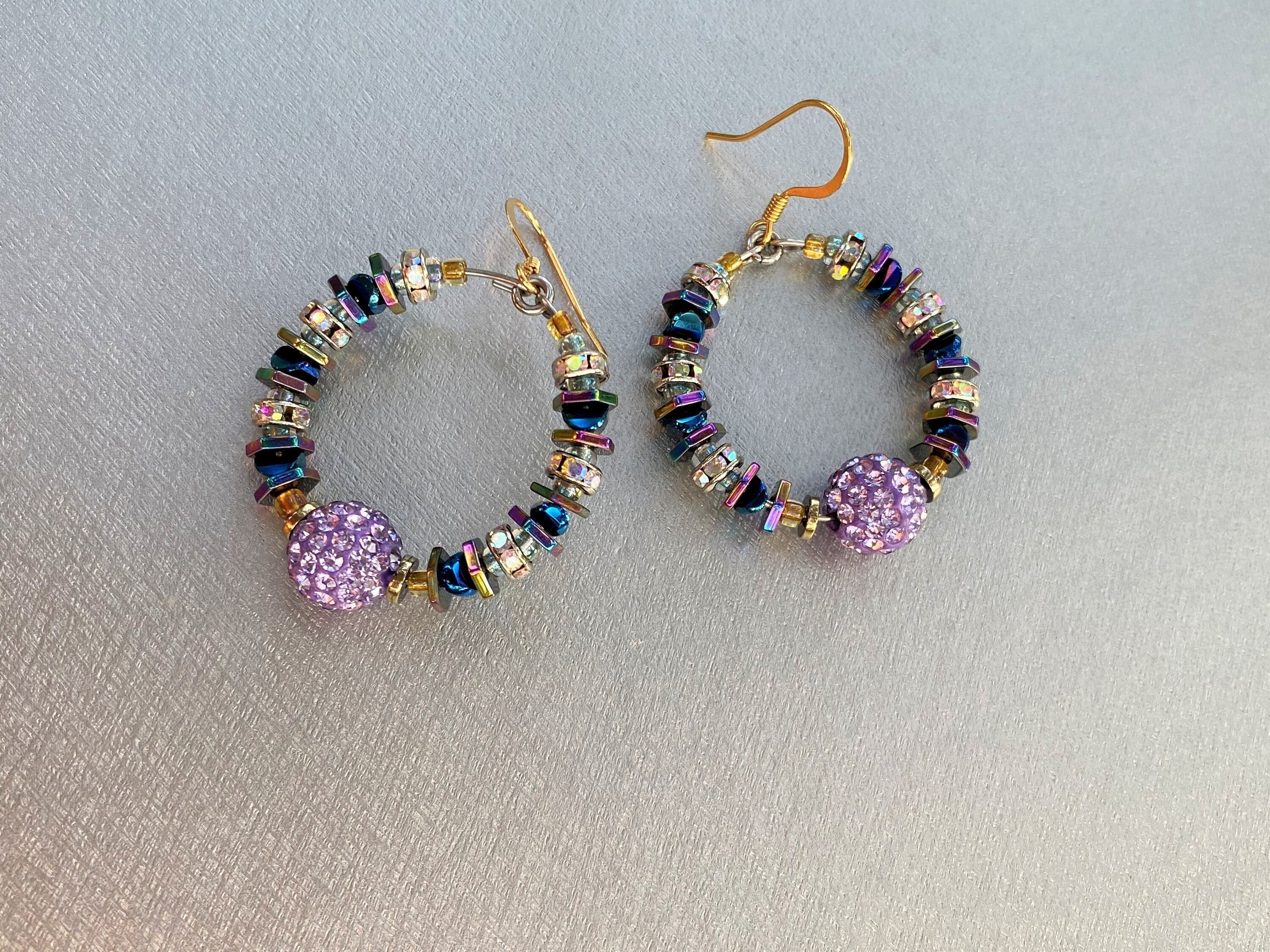 Glittering Large Purple Rhinestone Hoop Earrings