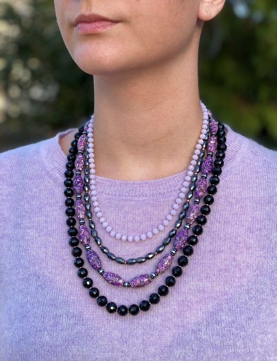 Multilayered Purple Black Gemstone Necklace 40th 50th