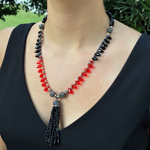 Elegant long red & black modern necklace Gift for women Sparkly crystal wedding necklace 30th 40th 50th birthday gift Mother daughter gift