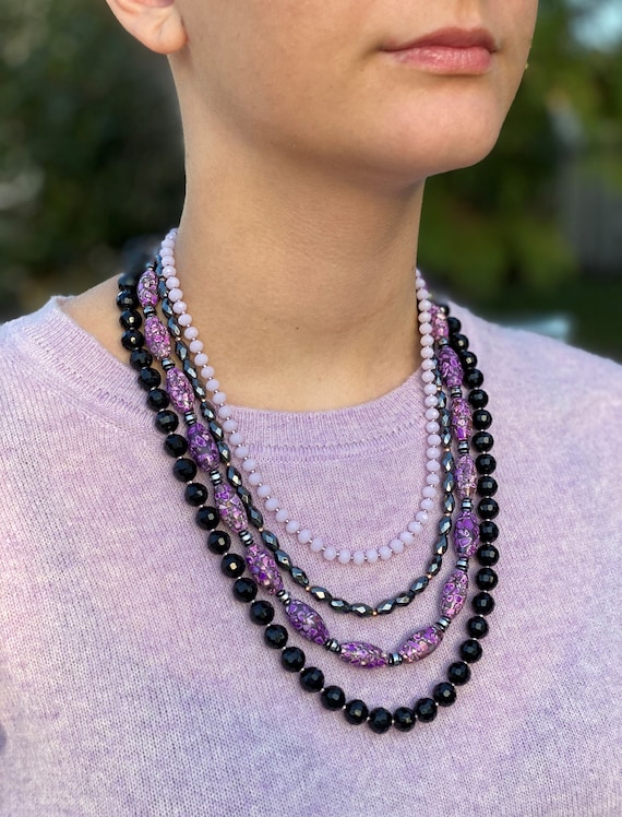 Multilayered Purple Black Gemstone Necklace 40th 50th