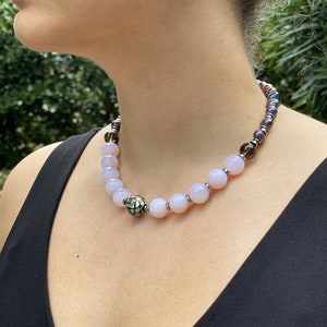 Rosa Opalit und Bronze Perlen Halskette Chunky Edelstein Halskette Elegante große Perle Statement Schmuck für sie 30th Jahrestag Geburtstagsgeschenk