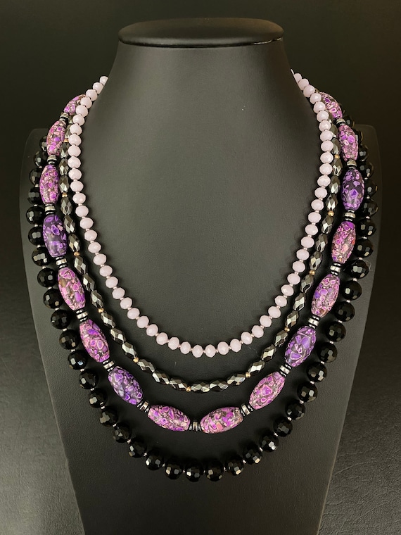Multilayered Purple Black Gemstone Necklace 40th 50th
