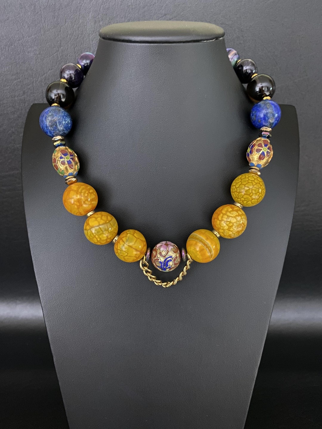 Yellow Agate Lapis Lazuli Necklace Vintage Cloisonne Boho Statement yellow-agate-lapis-lazuli-necklace-vintage-cloisonne-boho-statement