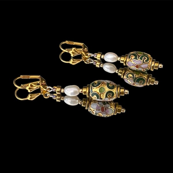 Handmade pearl and Cloisonné Enamel Earrings Rare find Hand painted Vintage Chinese wearable art Unique design Gift for her Mother's Day