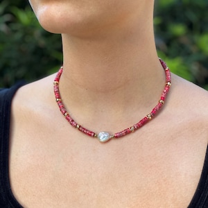 Modern red jasper choker with baroque pearl Gemstone Necklace for her Birthday Gift for wife daughter girlfriend sister niece Mother's Day