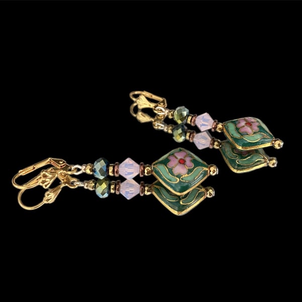 Chinese Cloisonné and pink Swarovski earrings for women Handmade green earrings Unique Jewelry gift for her Birthday Mother's Day gift wife