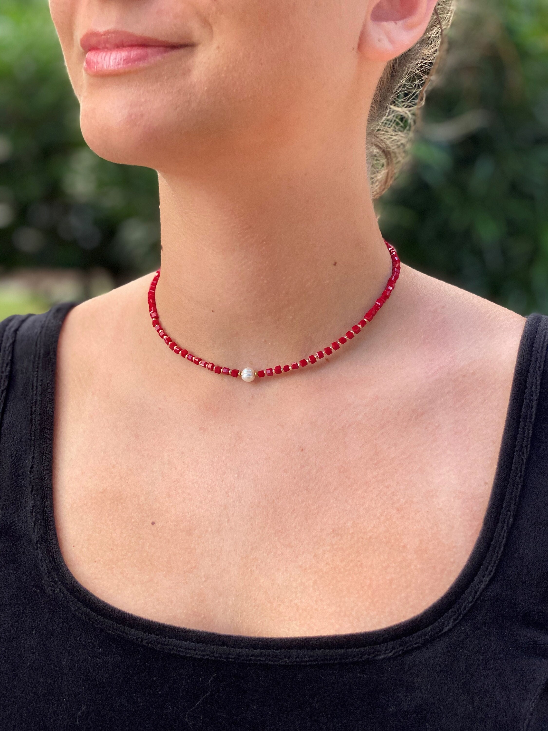 Minimalistic Red Necklace With Pearl Accent Birthday Gift
