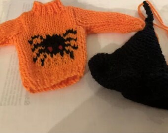 Christmas elf black spider hand knitted jumper & witches hat