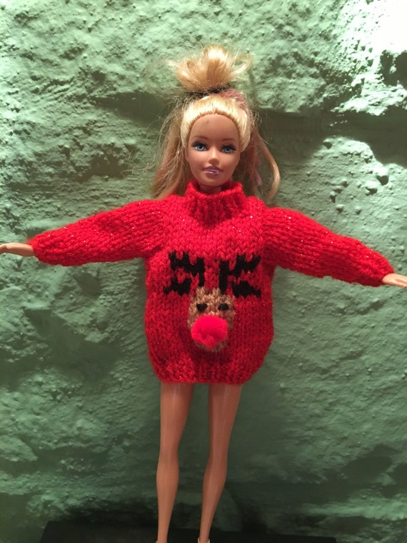 Barbie Dolls Hand Knitted Red Christmas Jumper 
