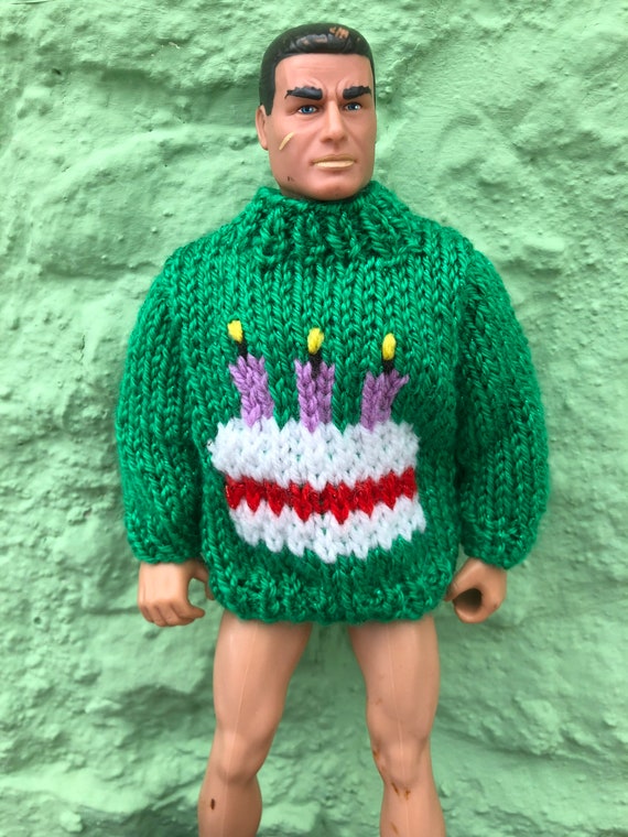 Action Man Hand Knit Birthday Cake Happy Birthday Jumper NEW