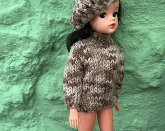 Sindy & Barbie size hand knitted brown random coloured jumper and matching crocheted beret - various colours made to order