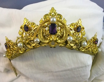 Renaissance Tiara--Elegant purple and gold crown for royal wedding, queen or princess