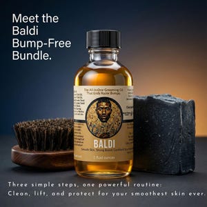 May include: The Baldi Bump-Free Bundle includes grooming oil, a charcoal soap bar, and a wooden brush. The oil bottle has a black cap and a label with a portrait. The text reads "The All-in-One Grooming Oil That Ends Razor Bumps."