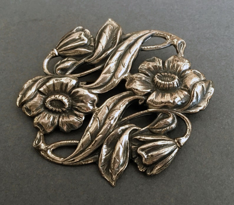 Brooch Substantial Size Floral Repouss\u00e9 Pin in Sterling Silver