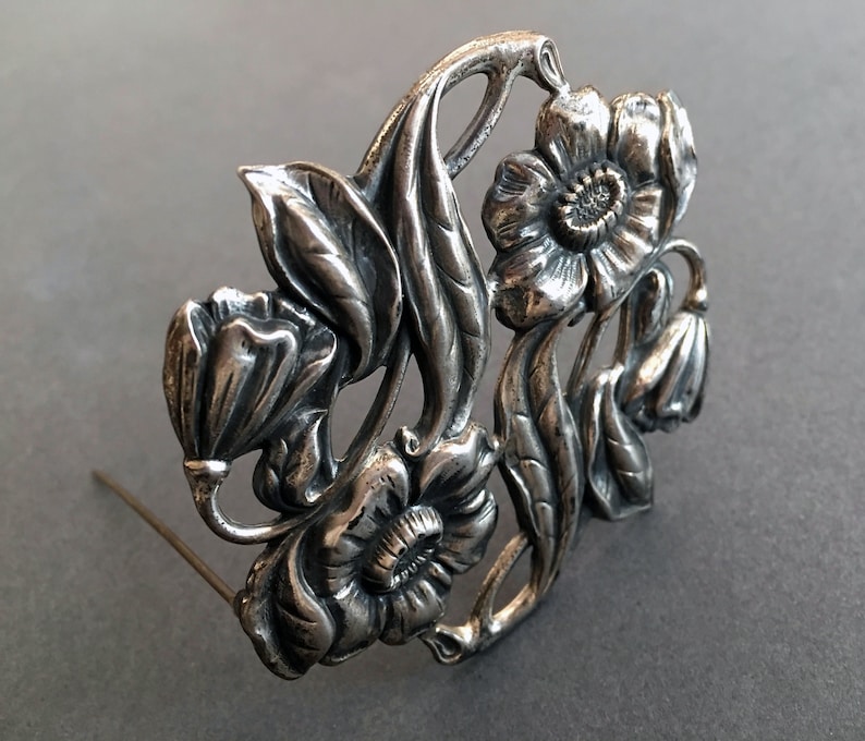 Brooch Substantial Size Floral Repouss\u00e9 Pin in Sterling Silver