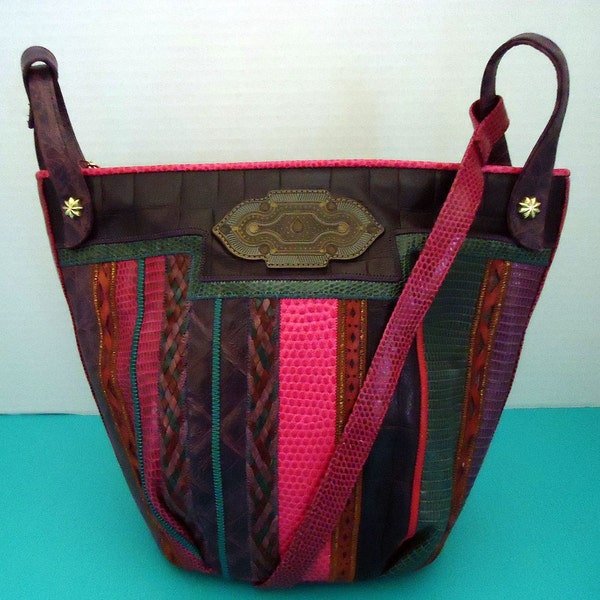 Vintage Sharif Cross-Body Leather Bag, Large Bucket Style, Multi-Color, Cowgirl Chic