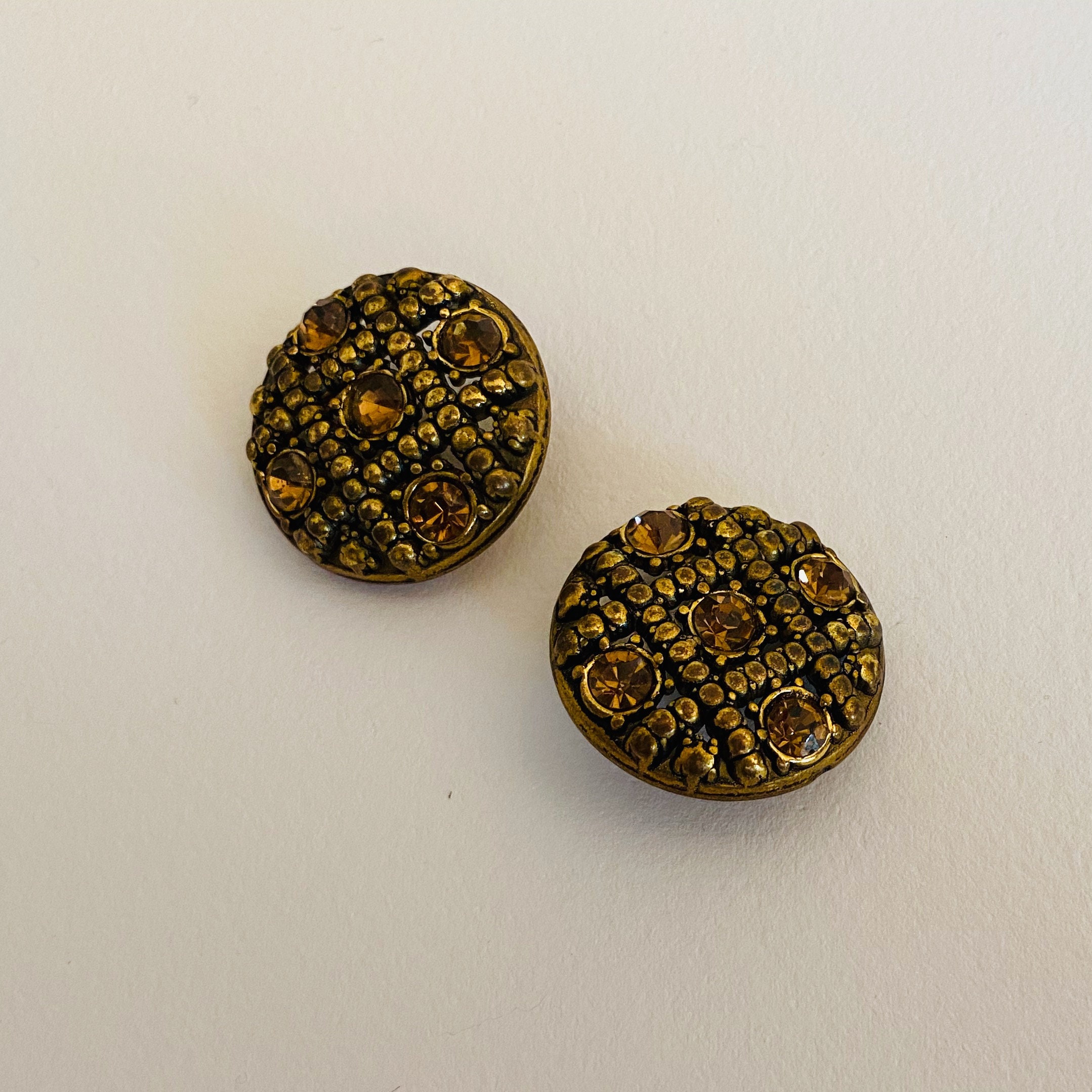 Vintage Pair of Rhinestone Buttons Set in Gold Tone Metal Etsy