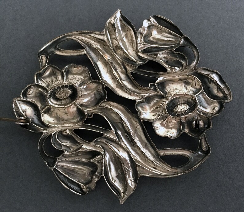 Brooch Substantial Size Floral Repouss\u00e9 Pin in Sterling Silver