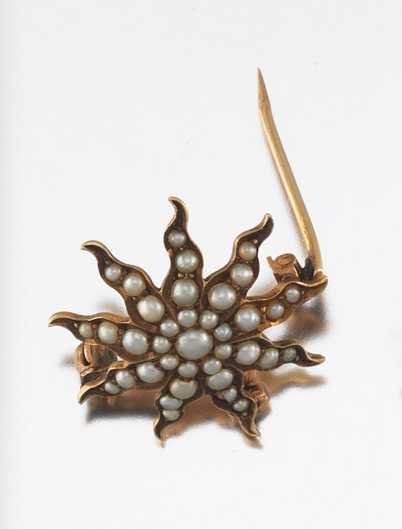 Victorian Antique 10K Gold Seed Pearl Starburst B… - image 2