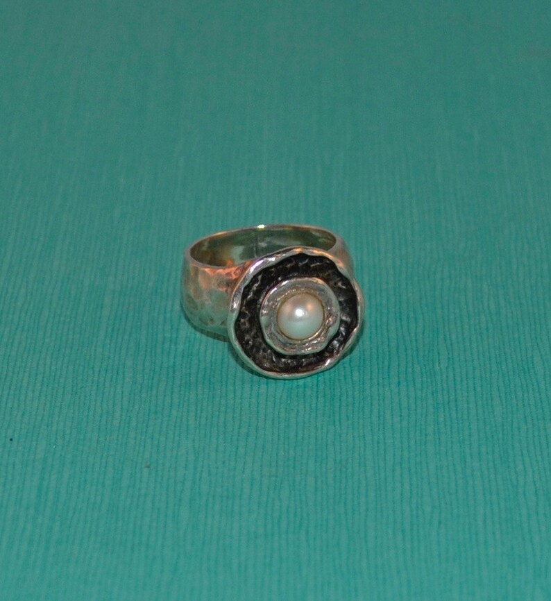 Pearl Ring Hand-Hammered Sterling Silver /& Oxidized Silver Size 9.25