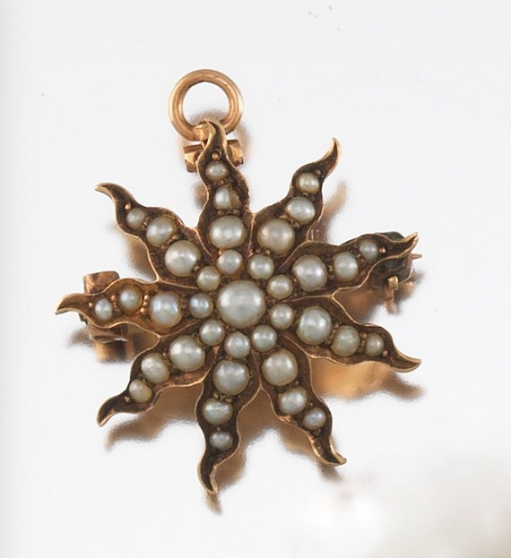 Victorian Antique 10K Gold Seed Pearl Starburst B… - image 1