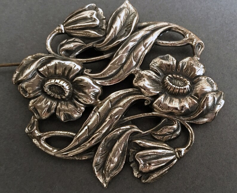 Brooch Substantial Size Floral Repouss\u00e9 Pin in Sterling Silver