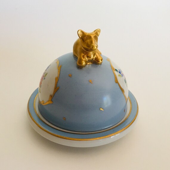 Rare Limoges Peint Main Small Domed Butter Dish, Cheese Keeper