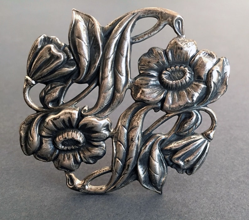 Brooch Substantial Size Floral Repouss\u00e9 Pin in Sterling Silver