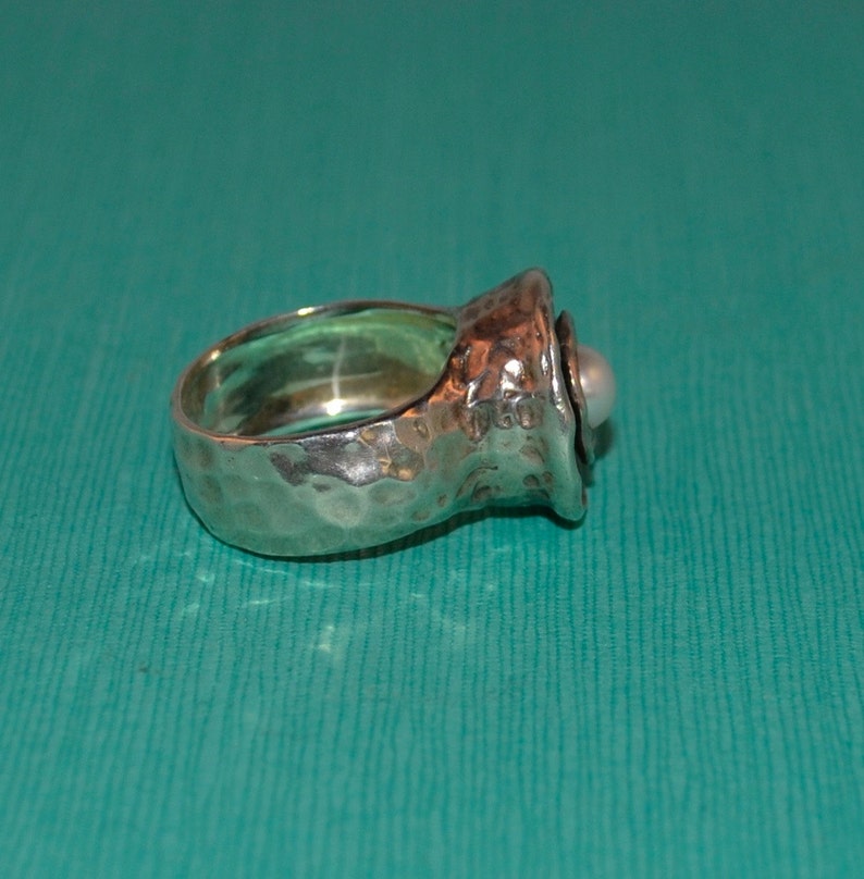 Pearl Ring Hand-Hammered Sterling Silver /& Oxidized Silver Size 9.25