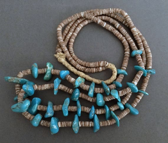Native American Incredible Vintage Navajo Heishi Turquoise Long Shell Sterling Silver Necklace Native American Incredible Vintage Navajo Heishi Turquoise Long Shell Sterling Silver Necklace