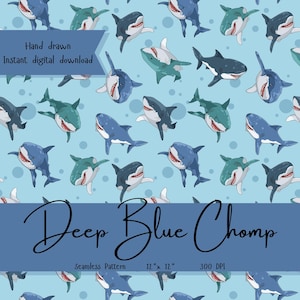 Deep Blue Chomp Digital Pattern - Shark Seamless Print for Ocean-Themed Projects, Boys' Room Decor, Fabric Design, Instant Download