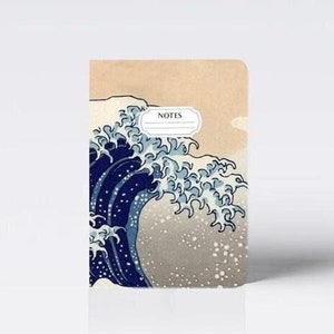 May include: A small notebook with a blue and white wave design on the cover. The cover has a light brown background and the word "NOTES" is printed in a white rectangle at the top of the cover.