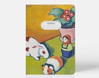 May include: A small notebook with a colorful illustration of a rabbit, a guinea pig, a doll, and a potted plant. The notebook cover has the word "NOTES" printed on it.