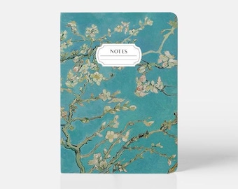 May include: A blue notebook with a painting of a blooming almond tree branch on the cover. The notebook has the word "NOTES" printed on the cover.
