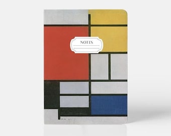 May include: A notebook with a geometric design featuring red, yellow, blue, and gray squares. The cover has the word "NOTES" printed on it.
